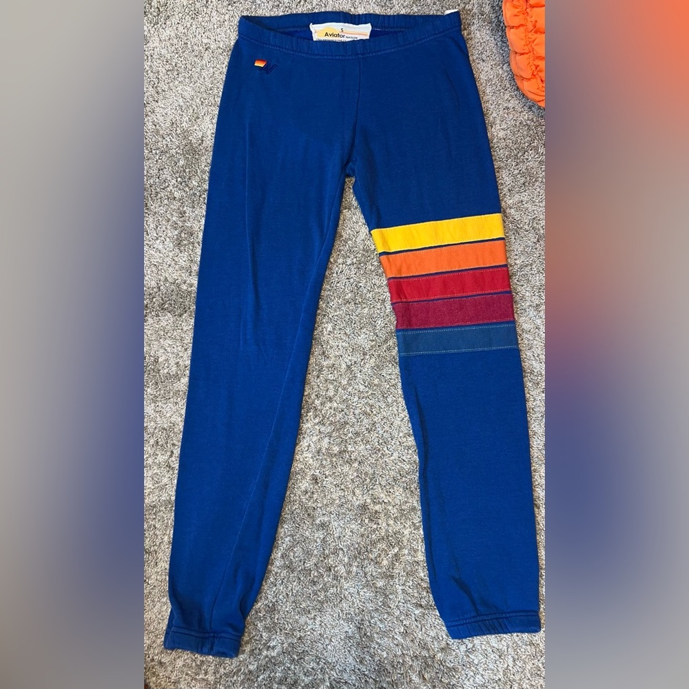 Aviator Nation Blue Rainbow Stitch Wrap Around Stripes Sweatpants Size Small